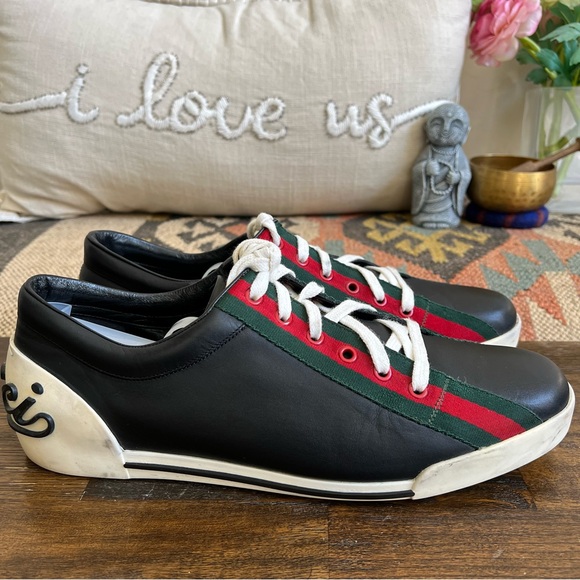 GUCCi Boulevard Black Leather Web Strap Detail Sneakers Gucci Sz 10/US10.5
